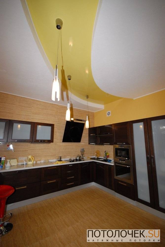 Натяжные потолки двухуровневые на кухне - фото