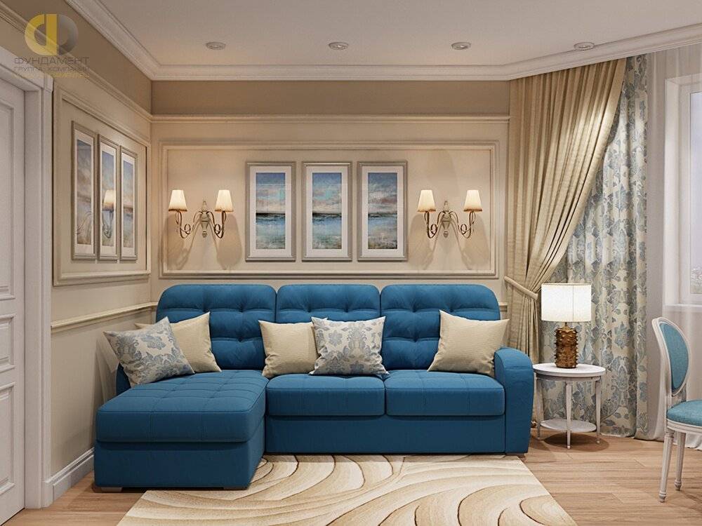 Особенности и недостатки дизайна интерьера гостиной с синим диваном