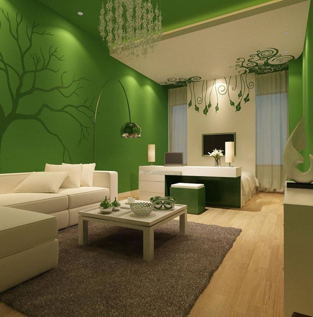 Зеленый цвет в интерьере: темно-зеленый, салатовый, серо-зеленый, сочетание с другими цветами в гостиной
 - 42 фото
