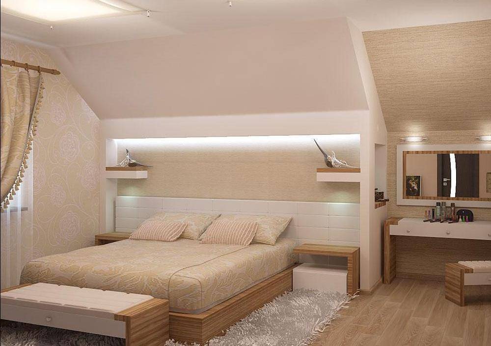 Спальня в мансарде, дизайн на мансарде со склоном, спальня на мансардном этаже в частном доме