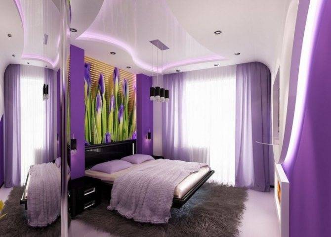 Фиолетовая спальня (68 фото): дизайн в бело-фиолетовых и желто-фиолетовых тонах, идеи интерьера с черными акцентами, значение цвета