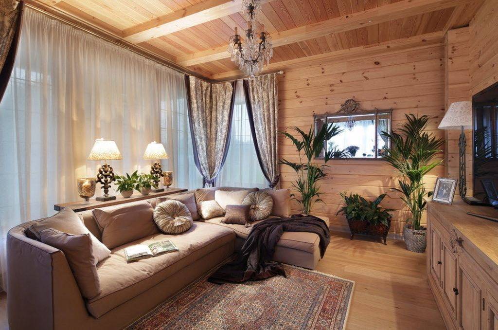 Интерьеры деревянных домов: фото внутри гостиной, кухни, спальни, мансарды