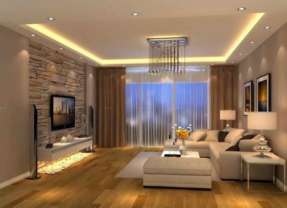 Подбираем освещение в гостиной с натяжными потолками: 5 основных моментов