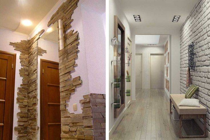 Отделка стен декоративным камнем и обоями в прихожей и на кухне (24 фото)