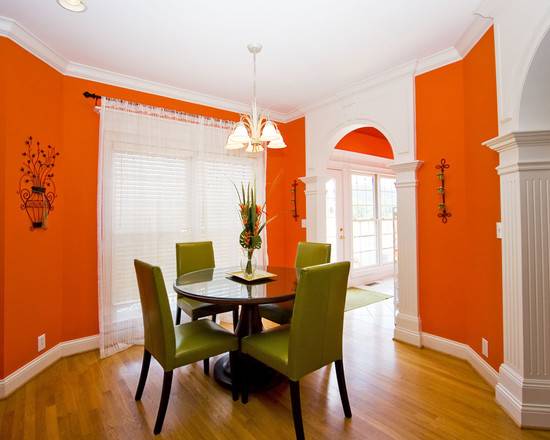 Оранжевый цвет в интерьере гостиной, спальни, кухни, прихожей. фото