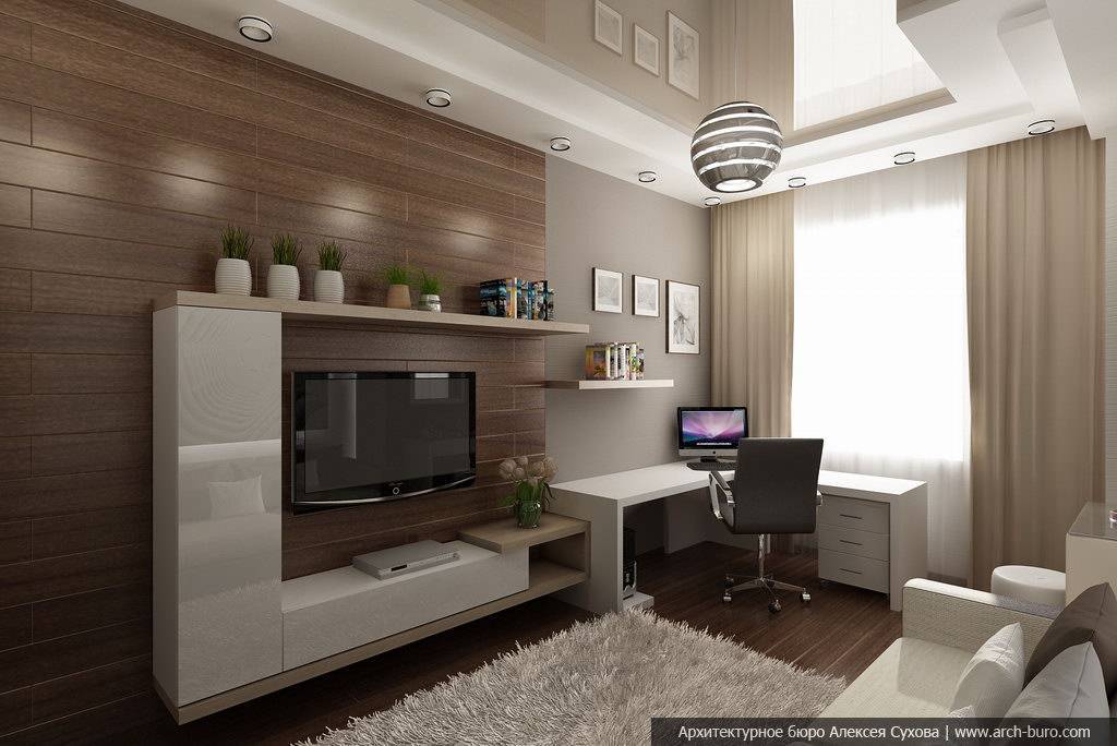 Гостиная с рабочим местом (83 фото): дизайн рабочей зоны и варианты зонирования комнаты