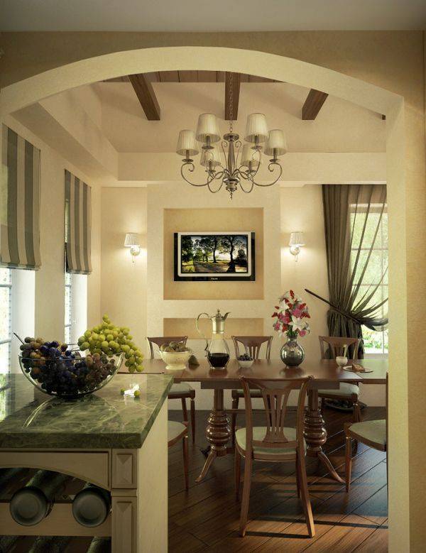 Зонирование кухни и гостиной, вариант с аркой или раздвижной перегородкой, как разделить, оформить переход + фото