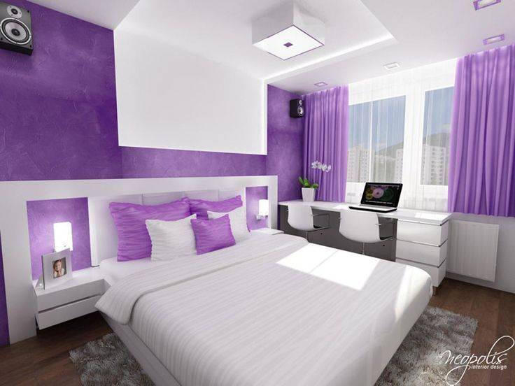 Дизайн спальни в сиреневых тонах, гармоничные сочетания лавандовых и фиолетовых оттенков