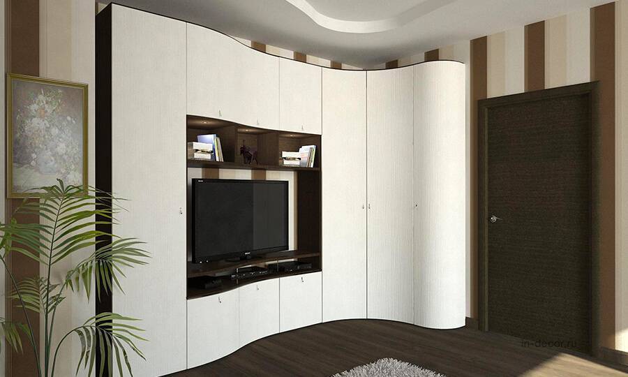 Угловая стенка в гостиную (48 фото): мини-модели для одежды и круглые варианты со шкафом под телевизор для зала в стиле классики и хай-тек