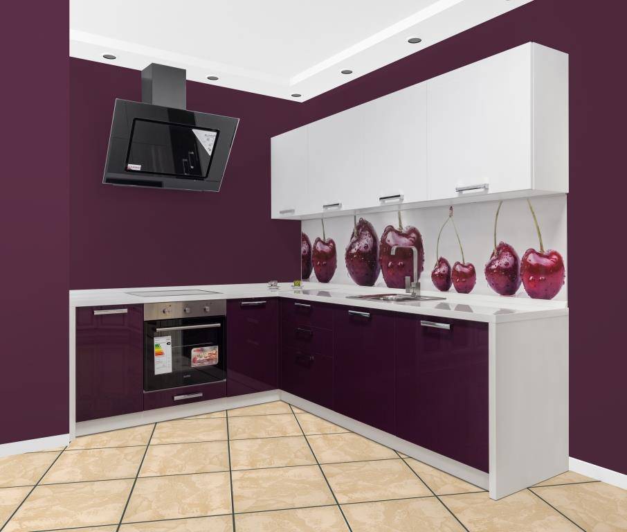 Кухня: баклажан, белый и потолок с полусферами