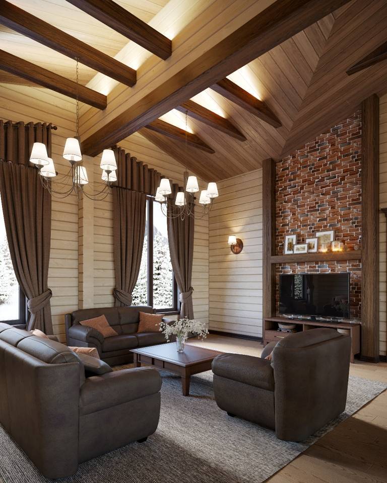 Интерьер деревянного дома из клееного бруса: внутренняя отделка в современном стиле, дизайн гостиной комнаты внутри от лучших дизайнеров  - 31 фото