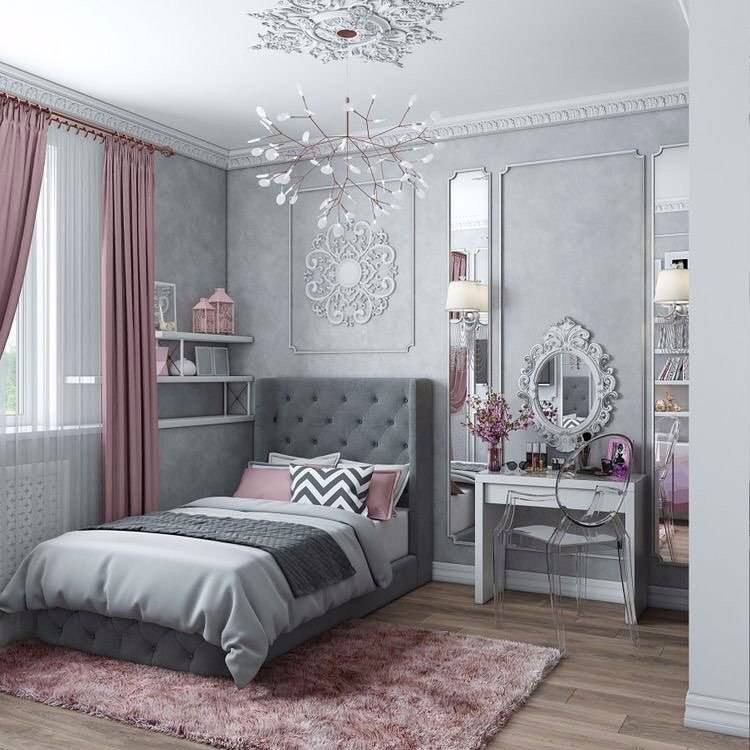 Дизайн комнаты для девушки 18-20 лет в современном стиле: красивый и уютный интерьер красивой молодежной девичьей спальни с мебелью и зеркалом
 - 33 фото