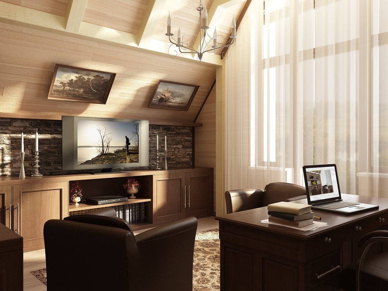 Дизайн рабочего кабинета в частном доме: оформление интерьера в современном стиле, декор стен в светлых тонах
 - 41 фото