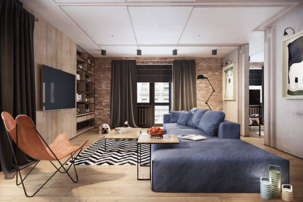 Гостиная в стиле лофт в квартире: фото интерьеров, маленькие и большие, совмещенные со спальней или кухней, дизайн с классикой, выбор мебели от кровати до стенки