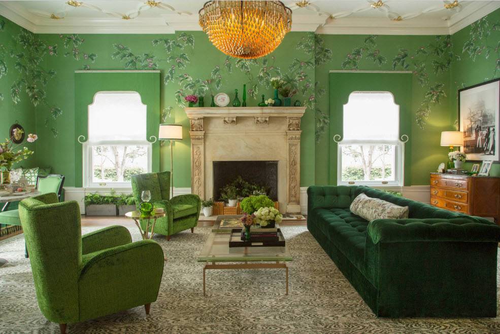 Зеленая гостиная - 75 фото нежного дизайна гостиной с зеленым оттенком