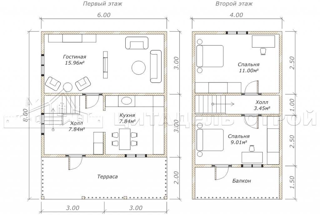Двухэтажные дома 6 на 8 (56 фото): проекты домов в 2 этажа из пеноблоков и газобетона с планировкой, план домов с террасой и эркером, других