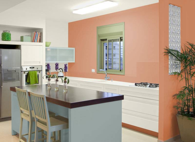 Кухня в персиковых тонах: с белым, сочетание персикового цвета, интерьер кухни, фото.