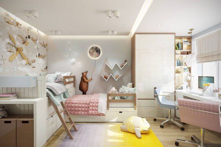 Дизайн детской комнаты для двух разнополых детей — 36 фото