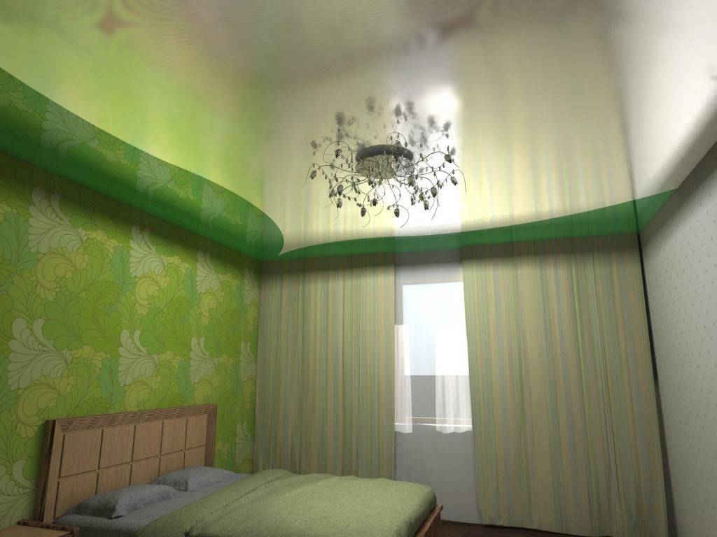 Двухцветный потолок одноуровневый натяжной гипсокартонный в зале и на кухне, дизайн подвесной конструкции в спальне