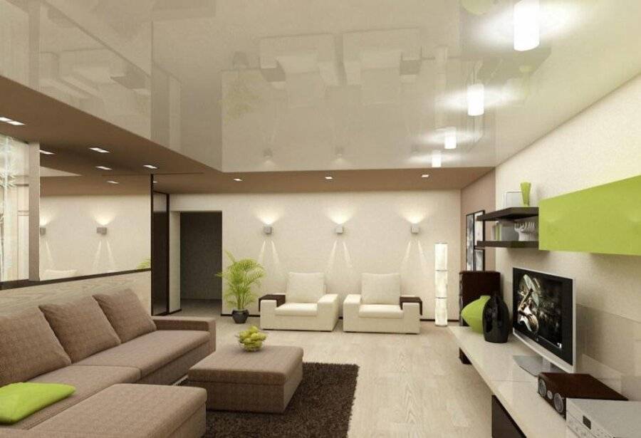 Освещение в гостиной с натяжным потолком: расположение точечных светильников в зале