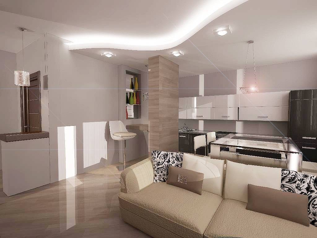 Дизайн кухни-гостиной с зонированием на 20 кв. м
