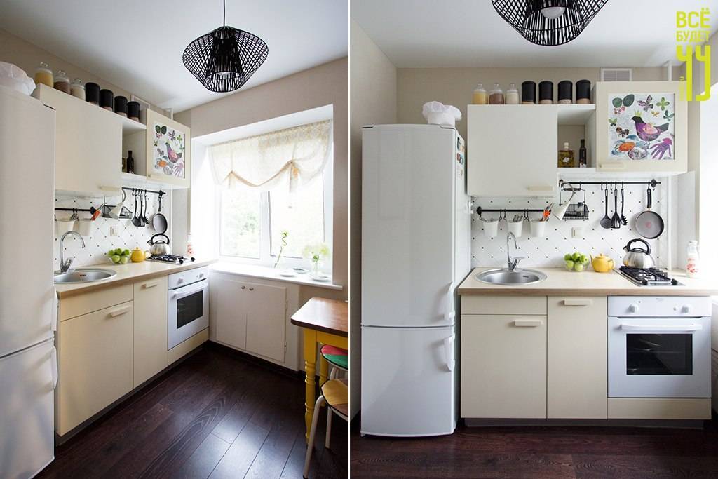 Интересные варианты дизайна кухни 6 кв. м с холодильником