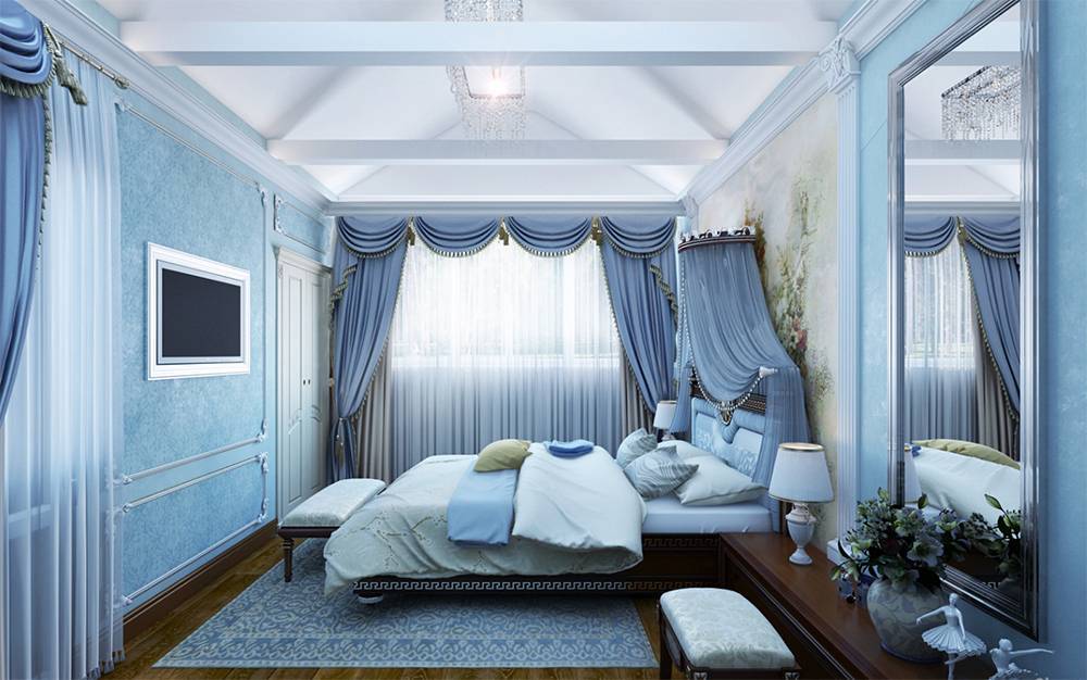 Голубая спальня +75 фото дизайна и интерьера