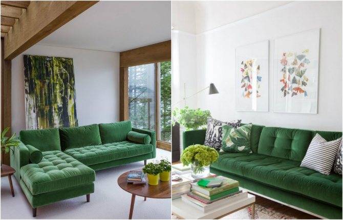 Зелёный диван: правила сочетания в интерьере | фото