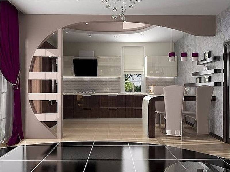 Перегородки между кухней и гостиной: зонирование с помощью раздвижных стеклянных изделий, красивый дизайн разделения из гипсокартона
