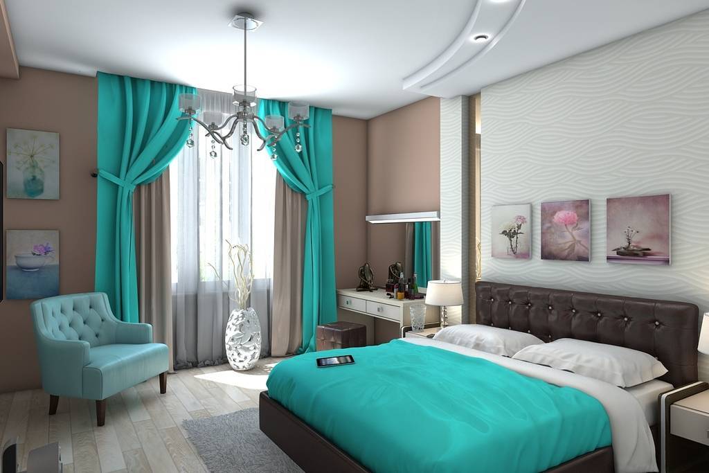Дизайн спальни в бирюзовых тонах: правила выбора цветов для интерьера и примеры