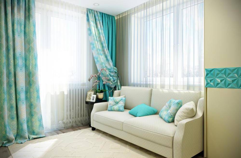 Бирюзовые шторы в интерьере комнат: правила сочетания и оформления
